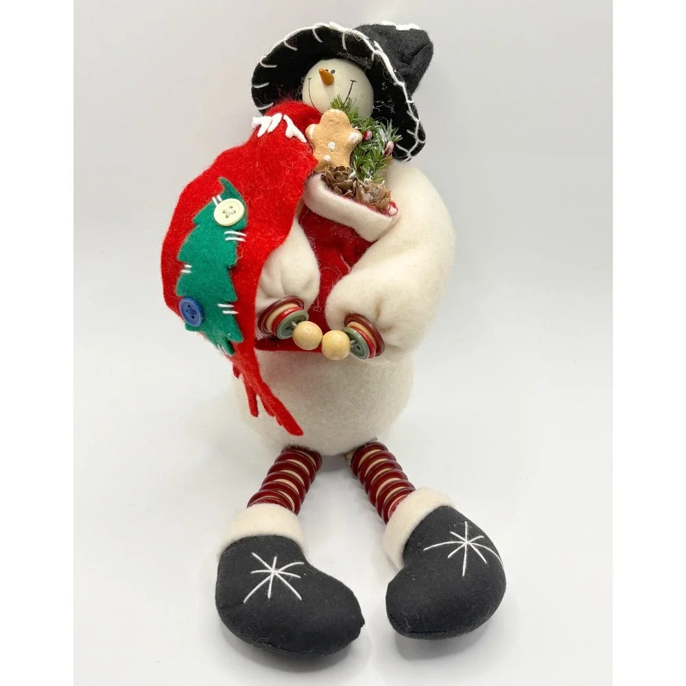 Primitive Folk Art Snowman Christmas Decor Button Legs Gingerbread Red Scarf 13